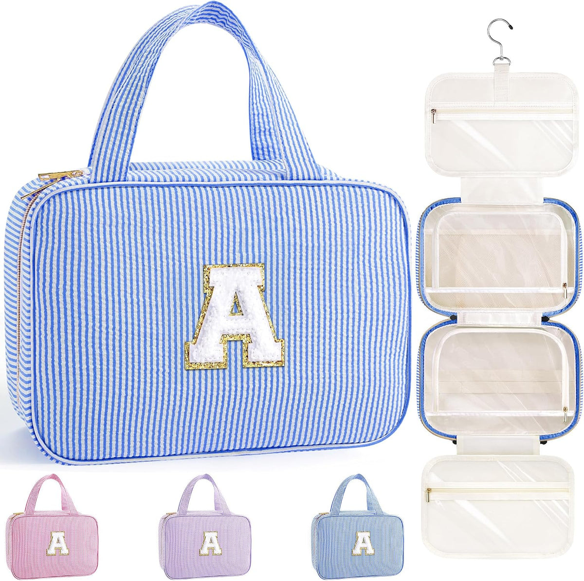 TOPEAST Travel Hanging Toiletry Bag & Makeup Bag, Personalized Initial Toiletry Pouch, Birthday Gifts for Women Teen Girls Friends, Cruise Essentials, Blue A