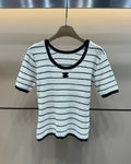 Hollow Stripe Color Block Knit T-shirt